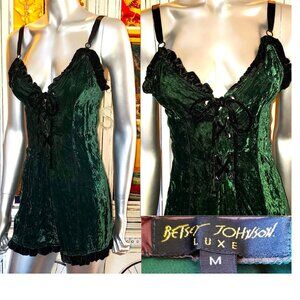 Vintage Betsey Johnson Velvet Dress Romper Luxe Green Lace Up Ruffle Jumpsuit M